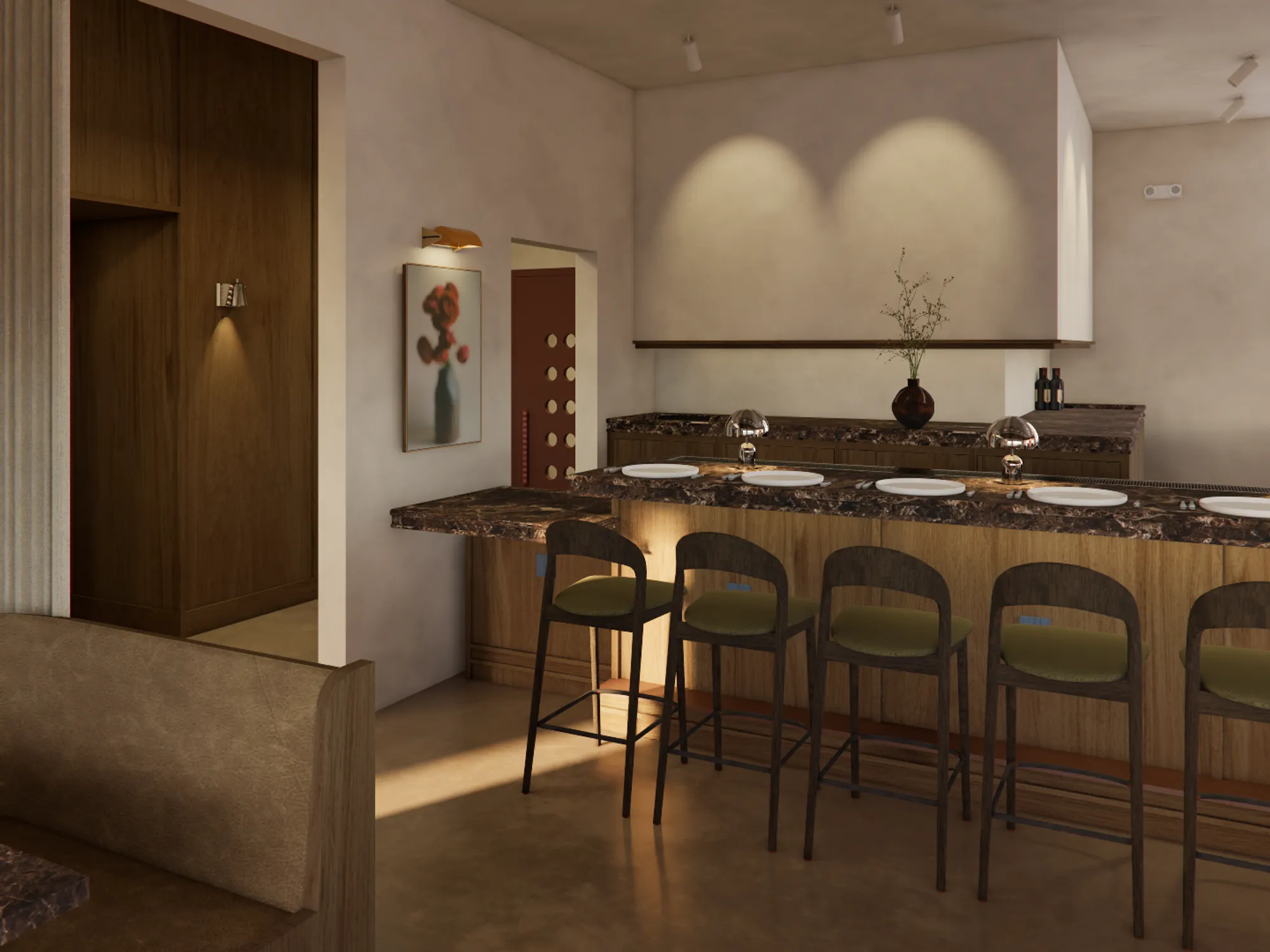 A modern, minimalist kitchen and dining space features a dark marble-topped island with integrated seating for five black bar stools, warm wood cabinetry, cream-colored walls illuminated by natural light from floor-to-ceiling windows, and neutral earth-tone finishes that create a sophisticated, serene atmosphere.