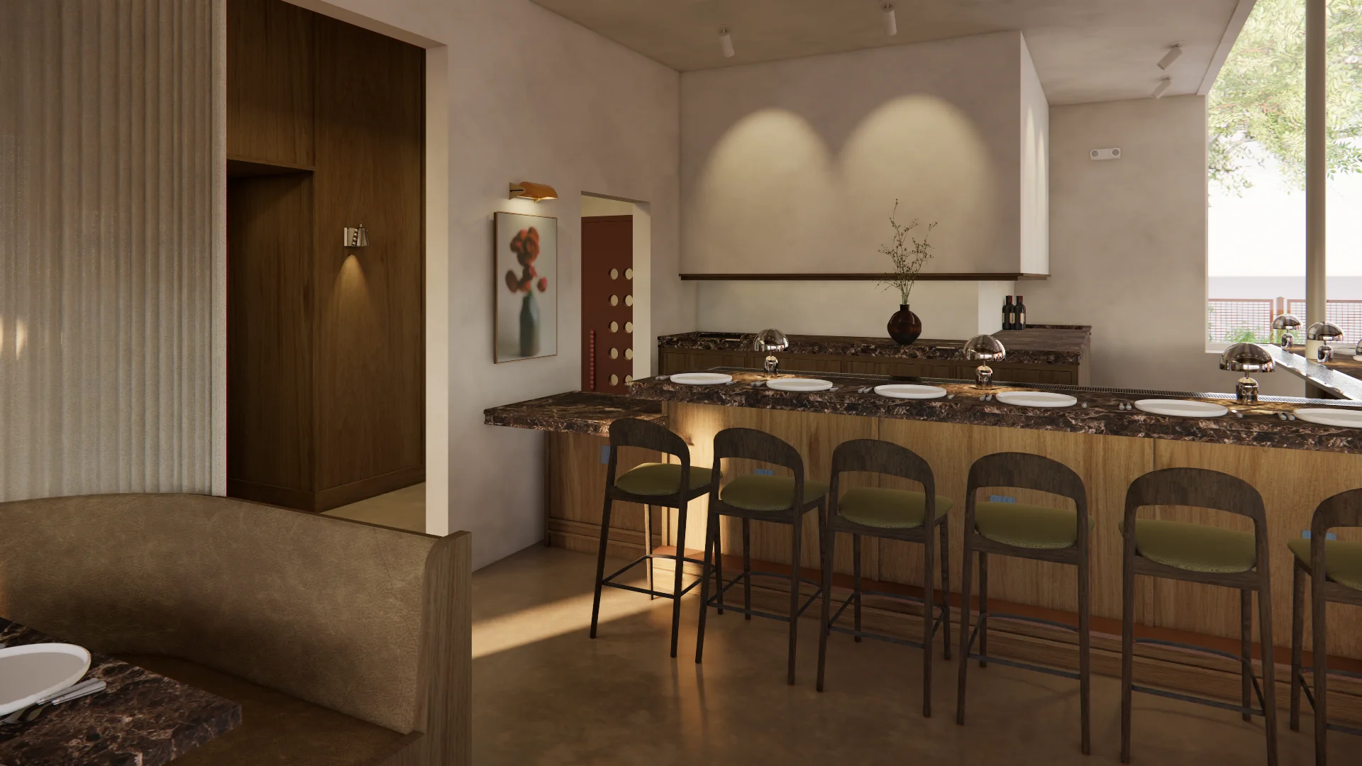 A modern, minimalist kitchen and dining space features a dark marble-topped island with integrated seating for five black bar stools, warm wood cabinetry, cream-colored walls illuminated by natural light from floor-to-ceiling windows, and neutral earth-tone finishes that create a sophisticated, serene atmosphere.