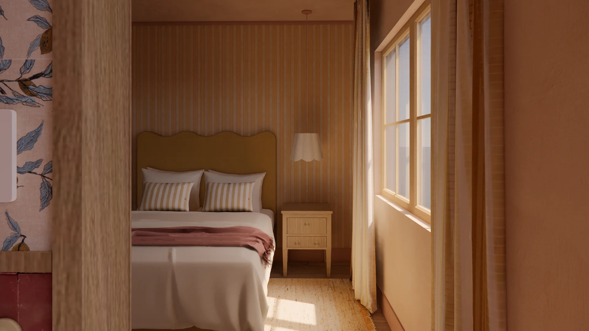 A warm, minimalist bedroom rendered in soft earth tones features a curved mustard-yellow upholstered headboard, vertically striped wallpaper in warm tan and brown, and natural light streaming through tall windows with wooden frames and cream curtains.