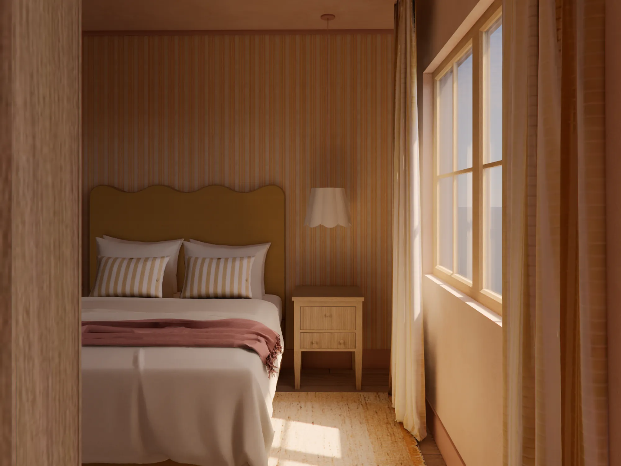 A warm, minimalist bedroom rendered in soft earth tones features a curved mustard-yellow upholstered headboard, vertically striped wallpaper in warm tan and brown, and natural light streaming through tall windows with wooden frames and cream curtains.
