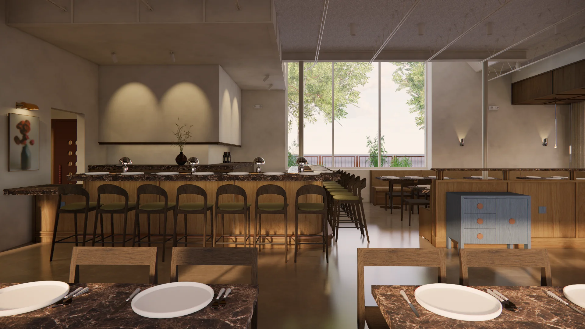 A modern, minimalist restaurant or hospitality space featuring a long marble-topped bar with curved black seating, warm wood dining tables with place settings, and expansive floor-to-ceiling windows overlooking greenery. The neutral palette of cream walls, polished concrete flooring, and natural wood furnishings is accented by sculptural lighting and contemporary artwork.