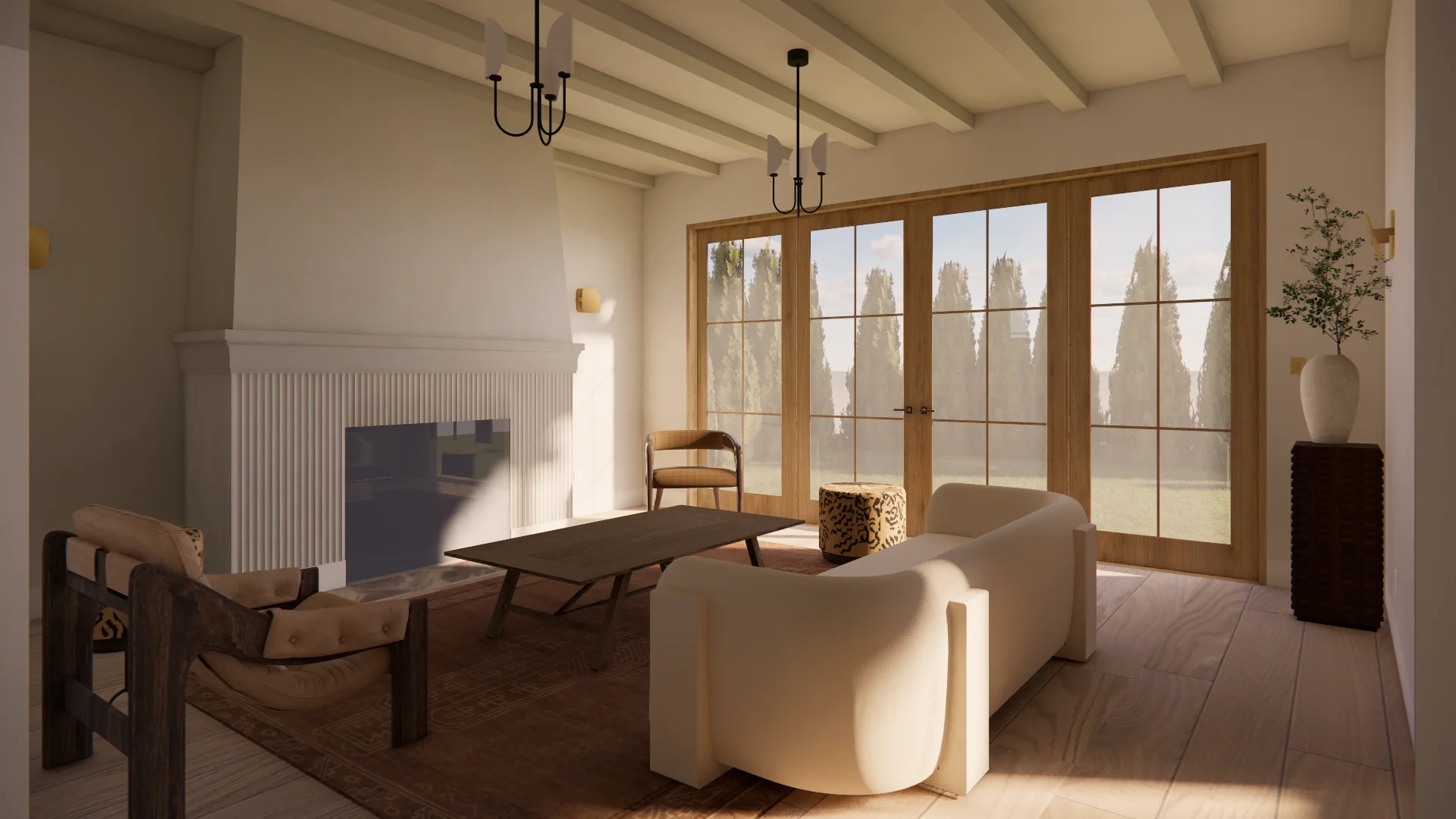 A bright, modern living room with cream-colored walls, exposed wooden ceiling beams, and large multi-pane wooden doors opening onto a landscape with tall cypress trees. The minimalist space features contemporary furnishings including cream-colored curved seating, a dark wood coffee table, mid-century modern chairs, and pendant light fixtures with black metalwork.