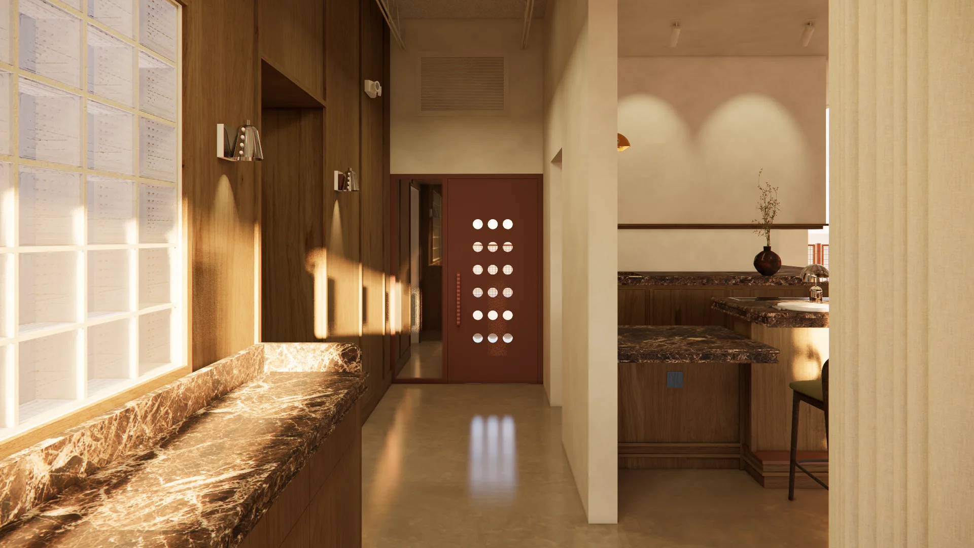 A modern corridor with warm, minimalist design features dark wood paneling, cream-colored walls, and a polished concrete floor illuminated by natural light from a grid-patterned window. The space connects to an elevator with a deep burgundy door, while glimpses of a kitchen or bar area with dark granite countertops and wooden cabinetry are visible on the right.