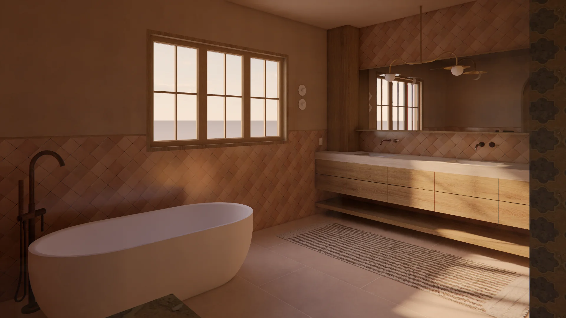 A warm, minimalist bathroom rendered in soft beige and natural wood tones, featuring a freestanding oval white bathtub, a floating wood vanity with integrated sink and mirror, diagonal herringbone tile backsplash, and abundant natural light streaming through large gridded windows.