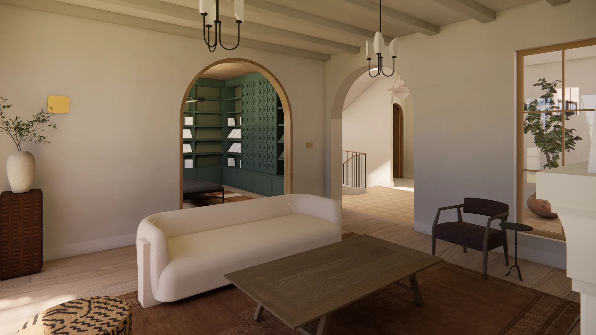 A bright, minimalist interior with cream-colored walls and exposed wooden ceiling beams features a curved cream sofa, dark wood coffee table, and mid-century modern furnishings arranged around a warm wood floor. Arched doorways with natural wood frames open to adjacent rooms, including a green-toned study with built-in shelving.