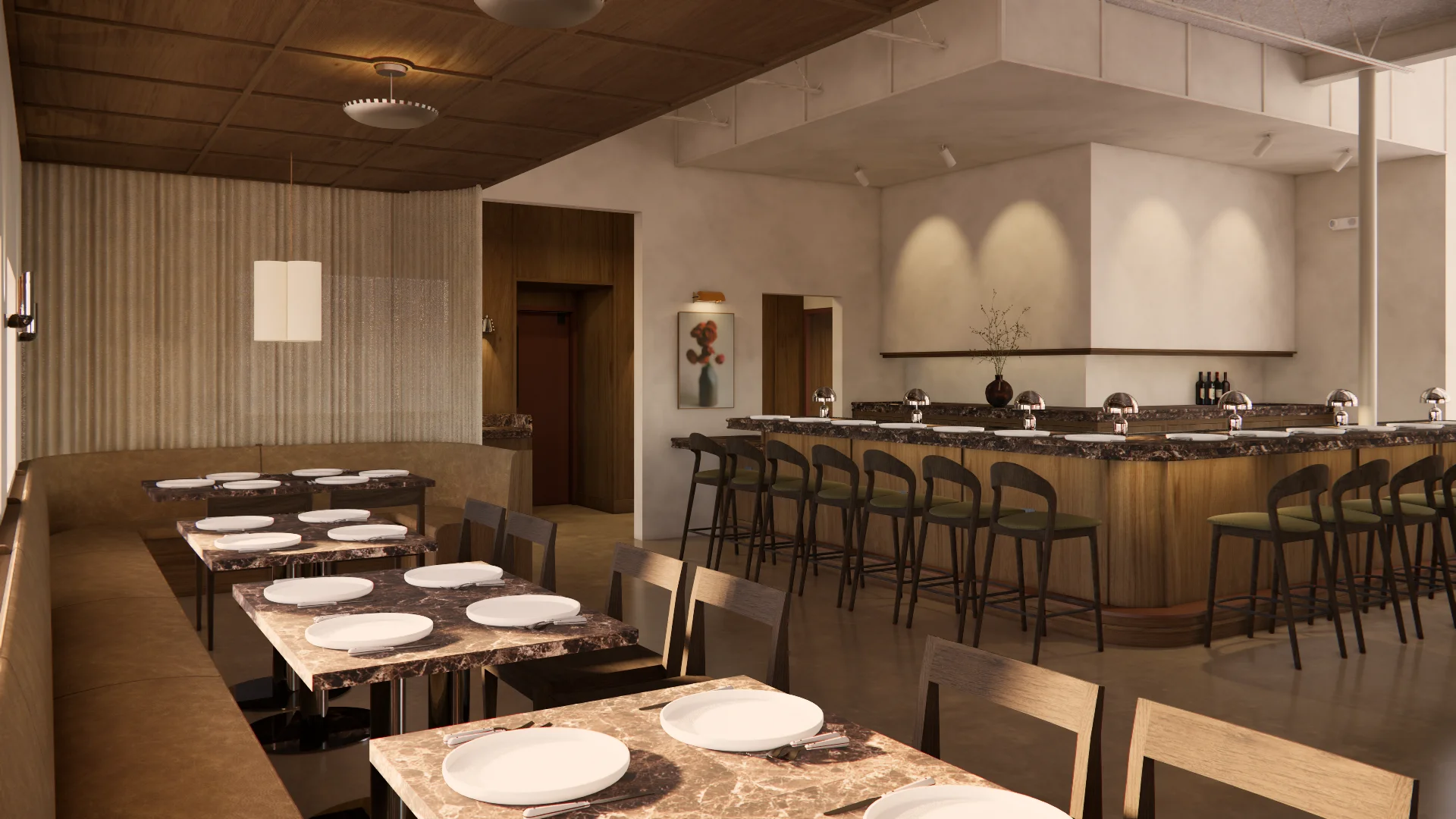 A modern restaurant interior featuring warm wood tones and neutral beige walls, with a dining area in the foreground showcasing marble-topped tables and natural wood chairs, and an elegant bar counter along the back wall lined with dark stools and ambient lighting.