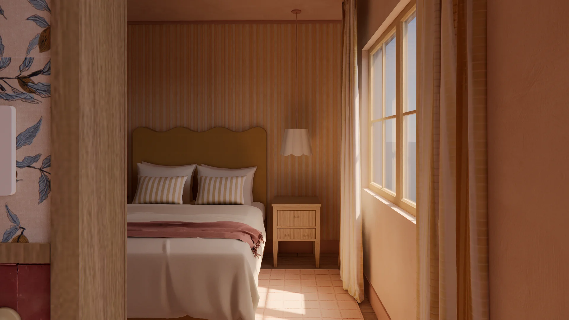 A warm, earthy-toned bedroom features vertical wood paneling walls in honey and terracotta hues, with a curved ochre headboard bed dressed in striped pillows and a rust-colored throw. Soft natural light floods through tall windows with wooden frames, illuminating a simple wooden nightstand and casting a peaceful, Mediterranean-inspired ambiance.