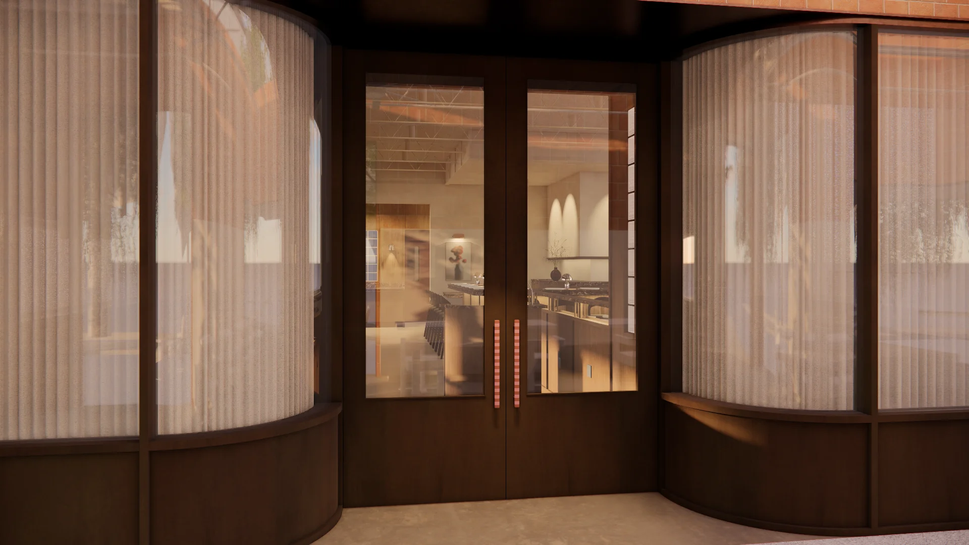 A modern interior corridor featuring curved dark wood-framed glass doors and windows with translucent vertical ribbed panels that filter warm light, creating a sophisticated, minimalist aesthetic with clean lines and neutral tones. Through the central glass doors, a warm-lit dining space is visible beyond, with exposed wooden ceiling details and contemporary furnishings.