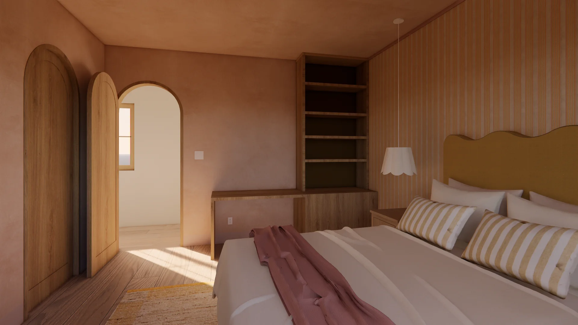 A warm, minimalist bedroom rendered in soft terracotta and wood tones features a bed with striped pillows and burgundy throw, an arched wooden mirror, built-in shelving, and soft pendant lighting. Natural light streams through an arched doorway onto wood flooring, while vertical wood paneling on the walls and ceiling reinforces the cohesive, organic design scheme.