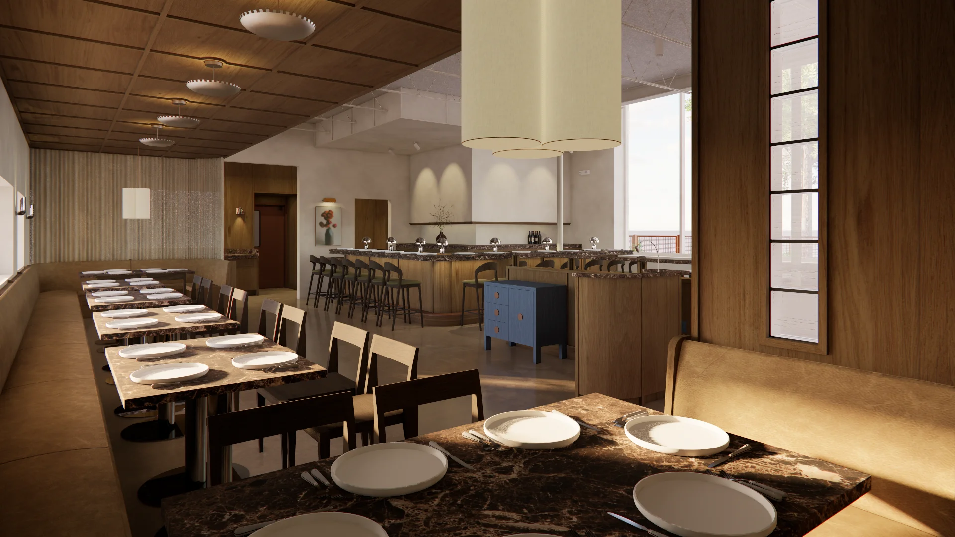 A contemporary restaurant interior featuring warm wood tones and neutral colors, with a long dining area on the left with banquette seating and dark chairs, an open kitchen with a cylindrical range hood in the center, and a bar counter with tall stools on the right, all unified by wooden ceiling panels and floor-to-ceiling windows.