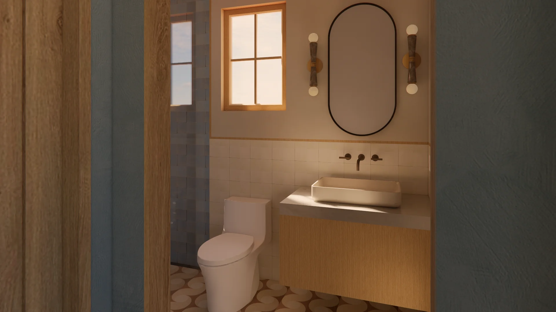 A warm, minimalist bathroom rendered in earthy tones features natural wood paneling, a rectangular vessel sink set into a wooden vanity, and an arched black-framed mirror flanked by brass sconces with frosted globe lights. The space includes a cream-colored toilet, neutral tile wainscoting, and a patterned floor.
