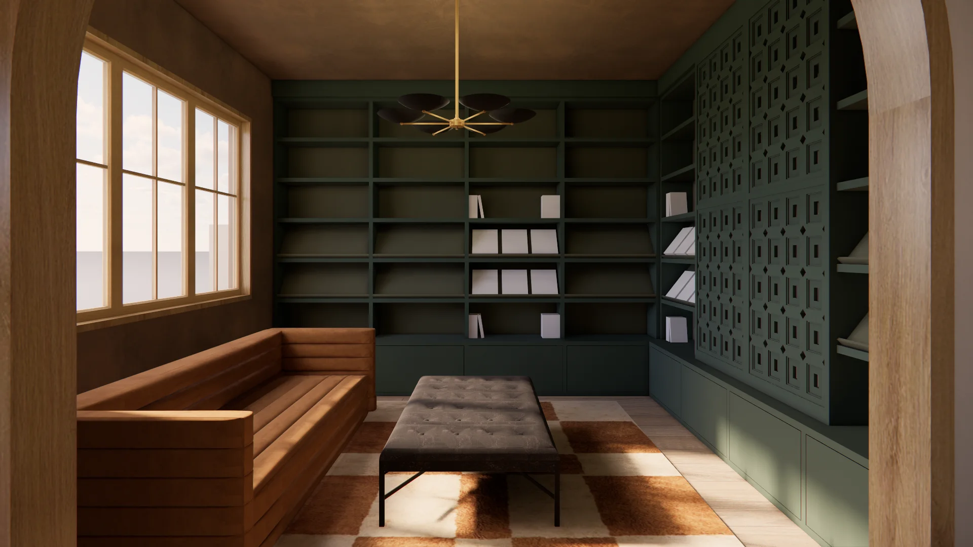 A modern library or study room features warm wood paneling and natural light from a large gridded window, with a tan leather bench seating along the left wall and a dark upholstered bench in the center. The space is anchored by floor-to-ceiling dark green shelving units with a decorative perforated panel, a minimalist brass pendant light overhead, and warm sunlight creating geometric patterns across the tile floor.