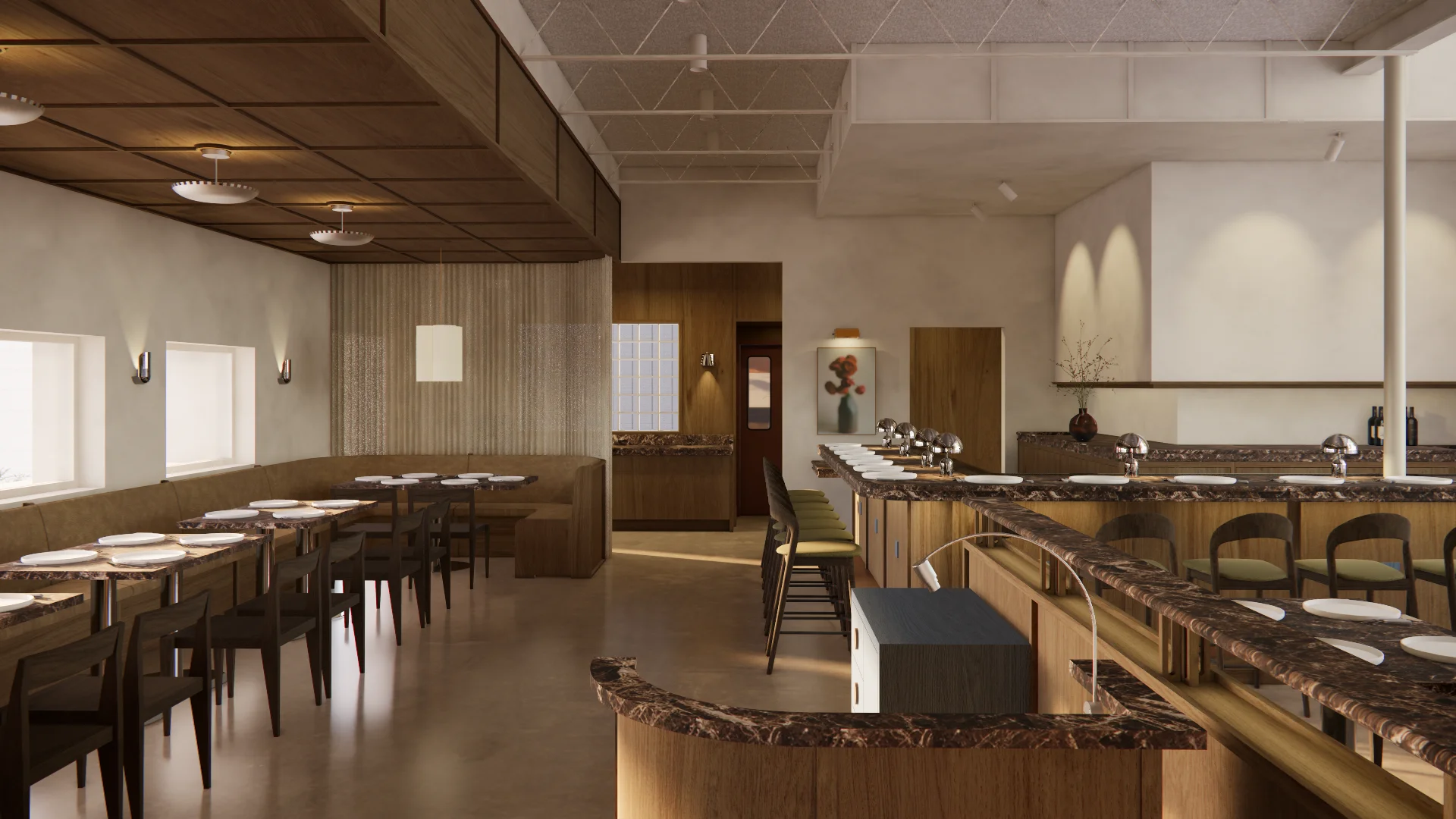 A modern restaurant interior featuring warm wood tones and marble countertops, with an open-concept layout combining a dining area on the left with booth seating and a chef's counter on the right, accented by neutral beige walls, geometric ceiling details, and minimalist lighting fixtures.