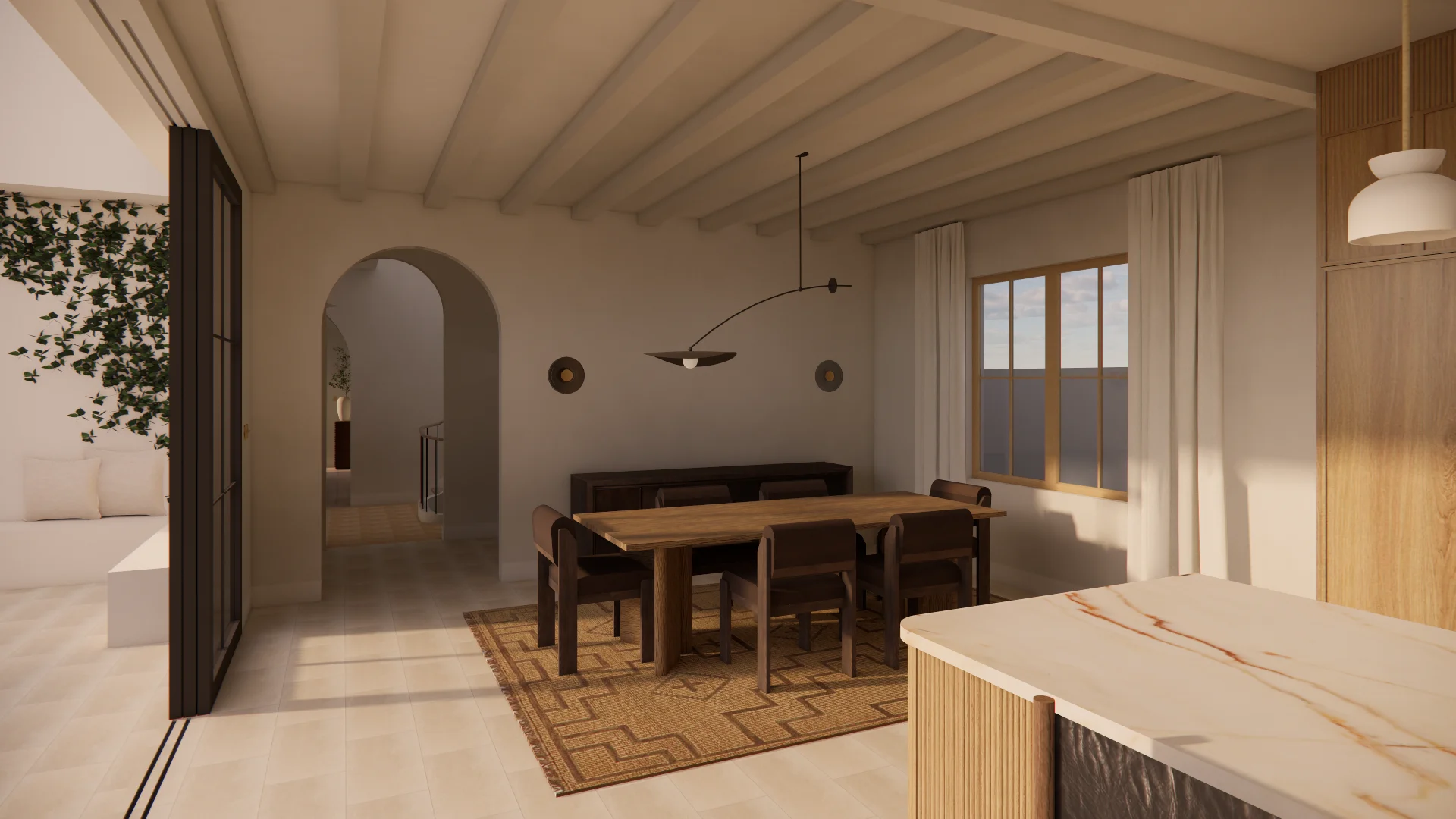 A minimalist, sunlit open-plan interior featuring exposed wooden beam ceilings, cream-colored walls, and a mix of natural wood and dark furniture arranged in distinct zones. The warm, neutral palette is complemented by geometric pendant lighting, an arched doorway, floor-to-ceiling windows with sheer curtains, and a geometric patterned area rug.