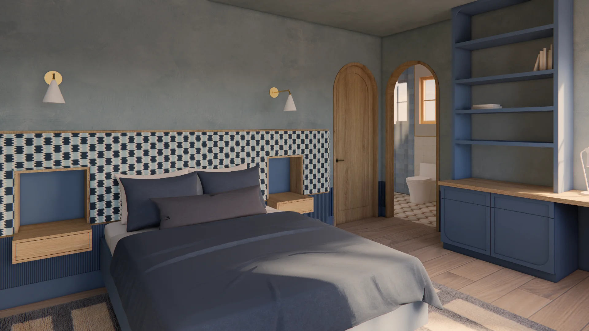 A modern bedroom features a geometric patterned headboard in navy and cream with warm wood accents, complemented by navy blue built-in cabinetry, warm wood flooring, and minimalist brass wall sconces. An arched wooden door leads to an ensuite bathroom, while floor-to-ceiling shelving and a desk area provide functional storage.