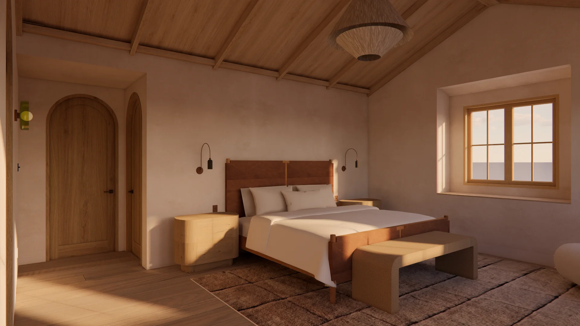 A serene, minimalist bedroom with warm wooden tones throughout, featuring a wood-framed bed with neutral bedding, arched wooden doors, a wooden plank ceiling with integrated lighting, and large gridded windows allowing natural light to flood the space. The design emphasizes natural materials and clean lines, with coordinating wood nightstands and a low platform bench at the foot of the bed.